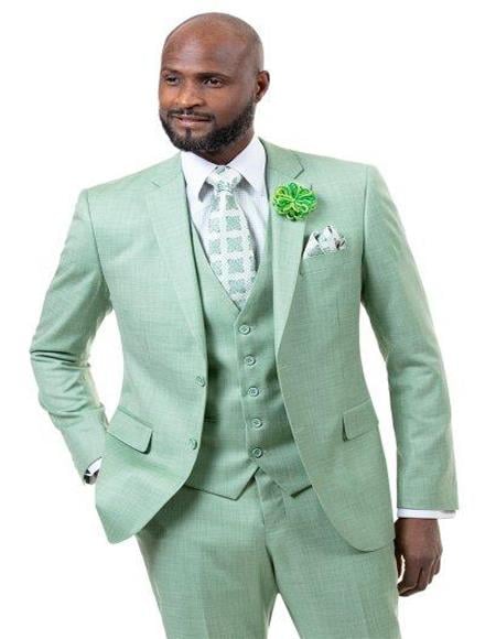 Men's Solid Light Green - Sage - Pieces Vested Suit