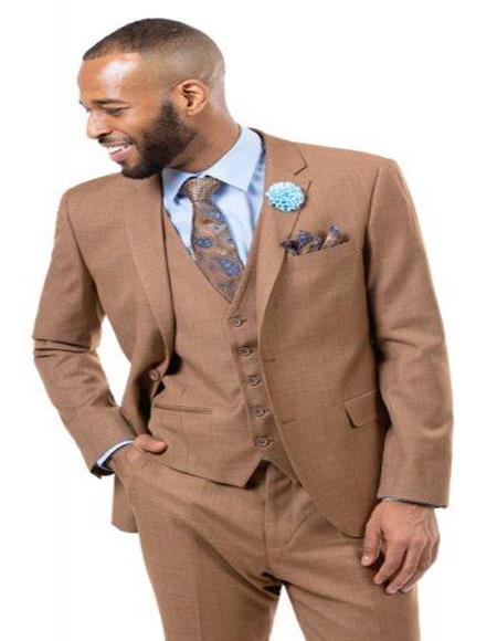 Men's Solid Light Brown -  Mocha - Carmel Verk Dark Tan 3 Pieces Vested Suit