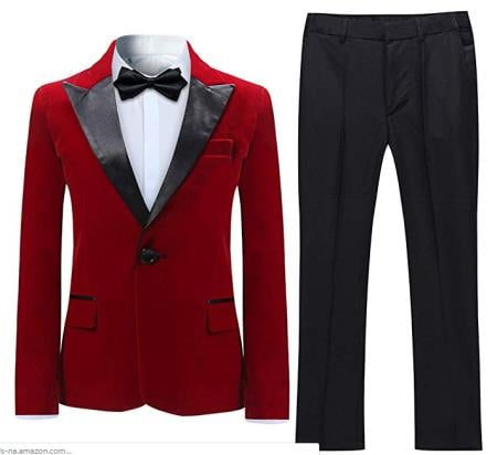 Velvet Suit Tuxedo Suit Jacket and Pants Red (Including Black Pants)