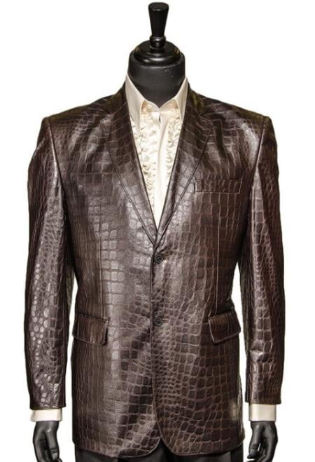 Zacchi Chocolate Brown Vegan Faux Leather Croc Pattern 2 Button Casual Blazer