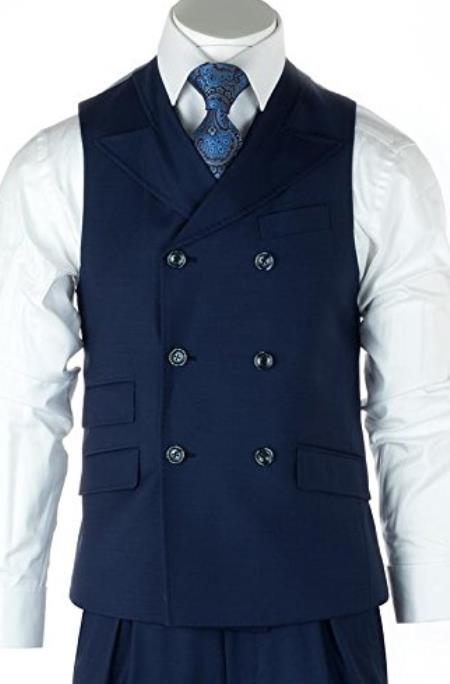 Men's Blue Two Flap Front Pockets Casual Wool Fabric Suit