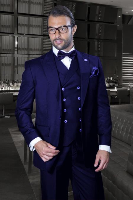 Peak Lapel Double Breasted Vest Classic Fit 3 Piece Wide Leg, Pure Suit & Vest  Saphire - Indigo -   Cobalt Blue