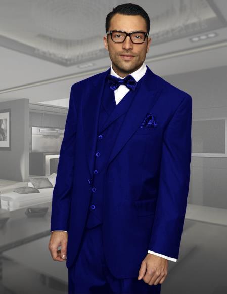 Navy Blue Classic Fit Pleated Pants - 100% Percent Wool Fabric Suit - Worsted Wool Business Suit