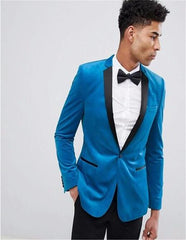 One Button Bright Blue Velvet Blazer Slim Fit Blazer - Sport Coat For  Men's