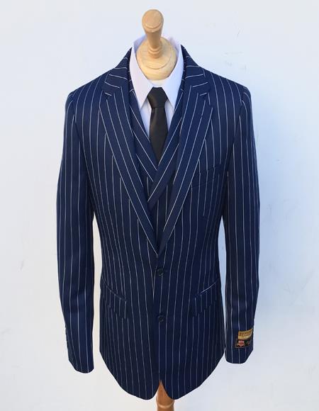 Bold Stripe Gangster Suit Double Breasted Suit Blue