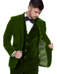 Men's Dark Green Color  Peak Lapel Men's Velvet Suit Vested