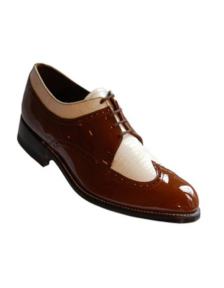 Stacy Baldwin Men's Wide Eee Width Wingtip Two Toned Dress All Leather 1920's Gangster Vintage Style Oxfords Brown and White