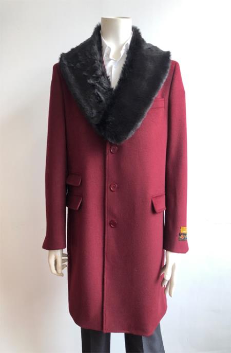 Men's Burgundy Fur Collar Two Flap Front Pockets Full Length Men's Carcoat - Car Coat Mid Length Three quarter length coat