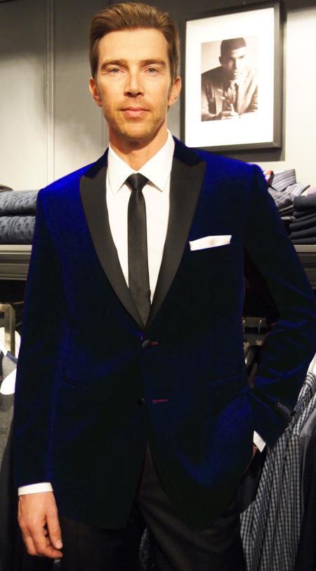 Velvet Velour Blazer Formal Dark Blue Sport Coat Two Tone Trimming Notch Collar