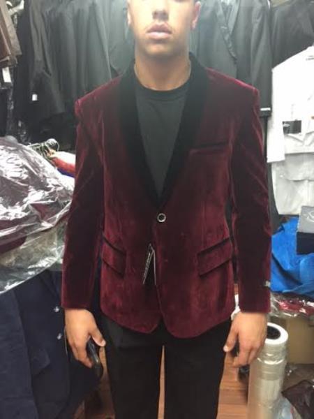 Velour Men's blazer Jacket  Black and Burgundy ~ Wine ~ Maroon Velvet Shawl Collar Tuxedo