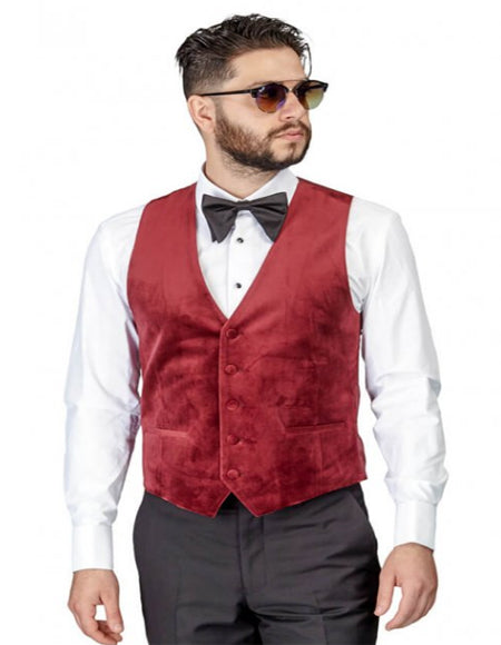 Men's Burgundy Slim Fit Velvet Modern Dress Waistcoat