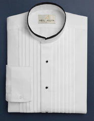 White Pleated Mandarin Tuxedo Collarless Dress Shirt