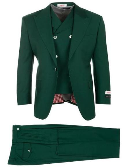 Olive Green ~ Hunter Green Suit Pleated Classic Fit Athletic Fit Cut Wool Fabric Plus Size Men's Suits For Big Guys