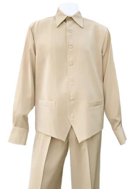 Taupe Machine Wash Point Collar Long Sleeve 2pc Walking Suit