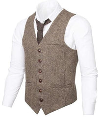 Men's Slim Fit Herringbone Tweed Suit Beige 1920s Vest