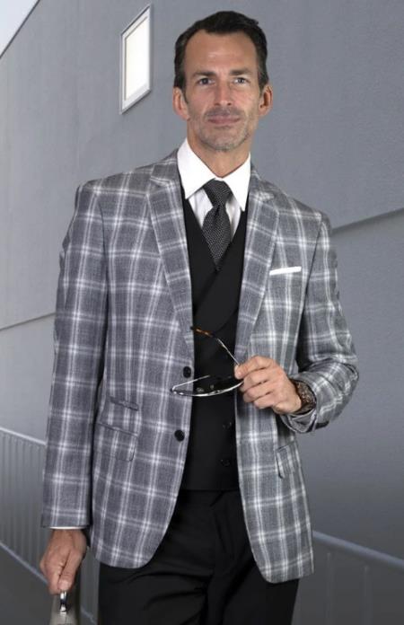 Plaid Suit - Windowpane Suit + Black - 100% Percent Wool Fabric Suit - Worsted Wool Business Suit