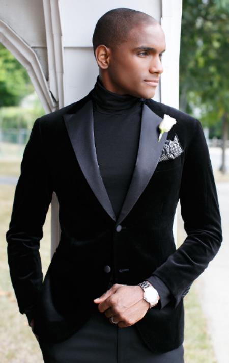 Turtleneck Mens Blazer + Free Black Turtleneck Sweater Package Black Velvet Blazer