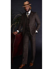 Brown Plaid Suit - Mens Suit (No Vest Included) Modern Fit Vented