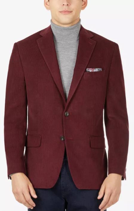 100% Cotton Stretch Men's Modern-Fit Corduroy Burgundy Blazer