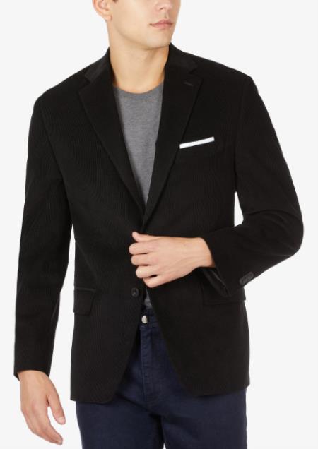 100% Cotton Stretch Men's Modern-Fit Corduroy Black Blazer