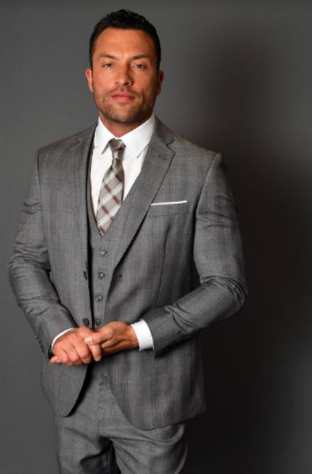 Plaid Suit - 3 Piece Vested Suits - 2 Buttons Windowpane Suit Charcoal Grey Window Pane