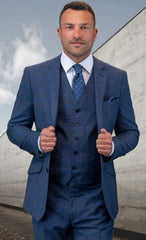 Plaid Suit - 3 Piece Vested Suits - 2 Buttons Windowpane Suit - Blue Suit