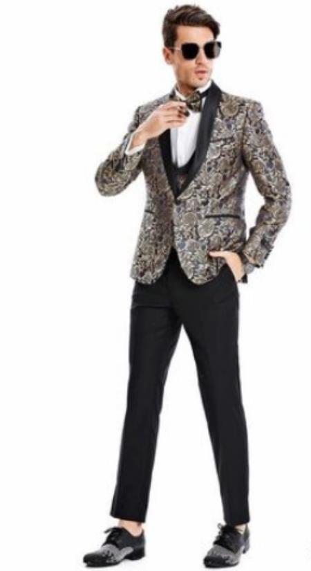 Mens One Button Paisley Skinny Fit Prom Suit Blue