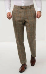 Taupe - Tan Patterned Pants - Brown Windowpane Check Tweed Slacks