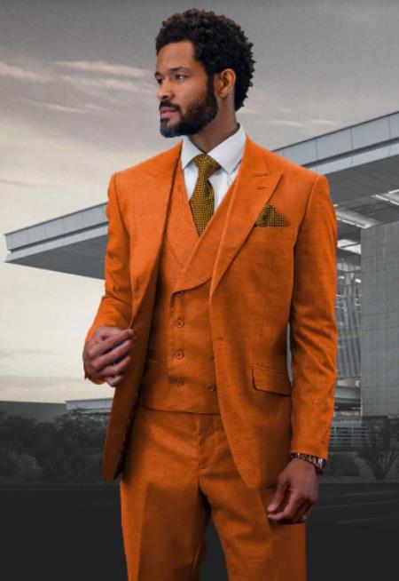 Mens Orange Vested Suit With Double Breasted Vest - Peak Lapel