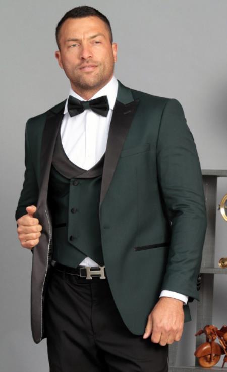 Ultra Slim Fit Prom Tuxedos - Hunter Prom Suits with Double Breasted Vest - Homecoming Suit