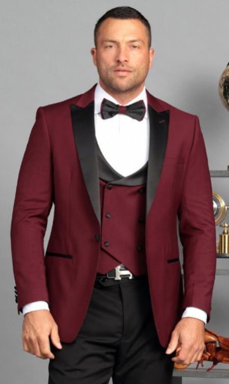 Ultra Slim Fit Prom Tuxedos - Burgundy Prom Suits with Double Breasted Vest - Homecoming Suit