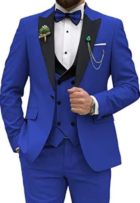 Ultra Slim Fit Prom Tuxedos - Royal Blue Prom Suits with Double Breasted Vest - Homecoming Suit