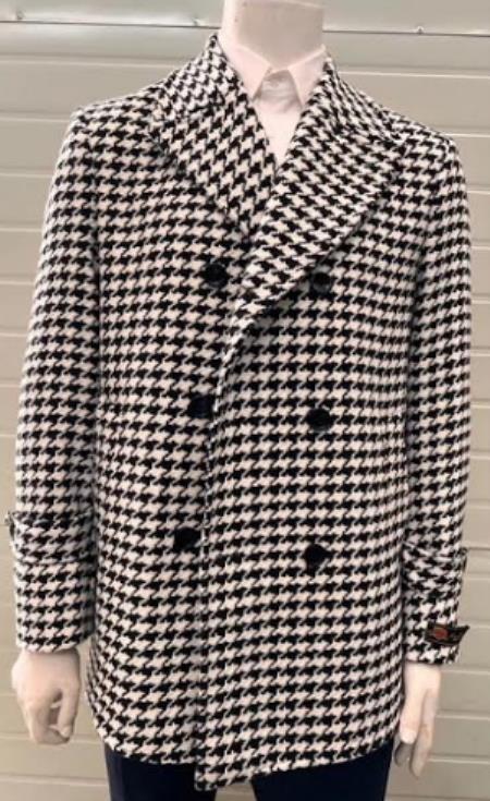 Mens Plaid Peacoat - Plaid Pattern Black Coat