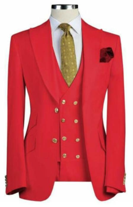 Men Red Designer Gold Button Wedding Grooms Dinner Suit