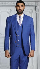 Mens Suits With Double Breasted Vest - Blue Peak Lapel Suits - Ticket Pocket - With Gold Buttons - Slim Fitted