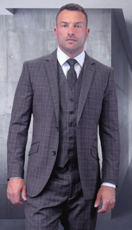 Mens Plaid Suits - Grey Windowpane Three Piece Suits