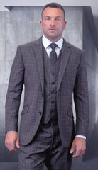 Mens Plaid Suits - Grey Windowpane Three Piece Suits