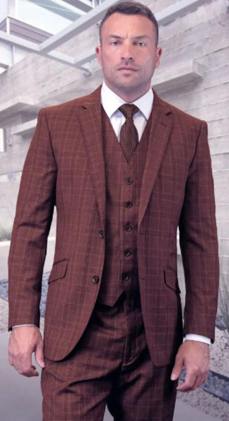 Mens Plaid Suits - Mauve Windowpane Three Piece Suits