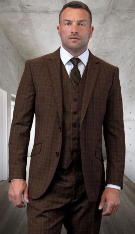 Mens Plaid Suits - Brown Windowpane Three Piece Suits