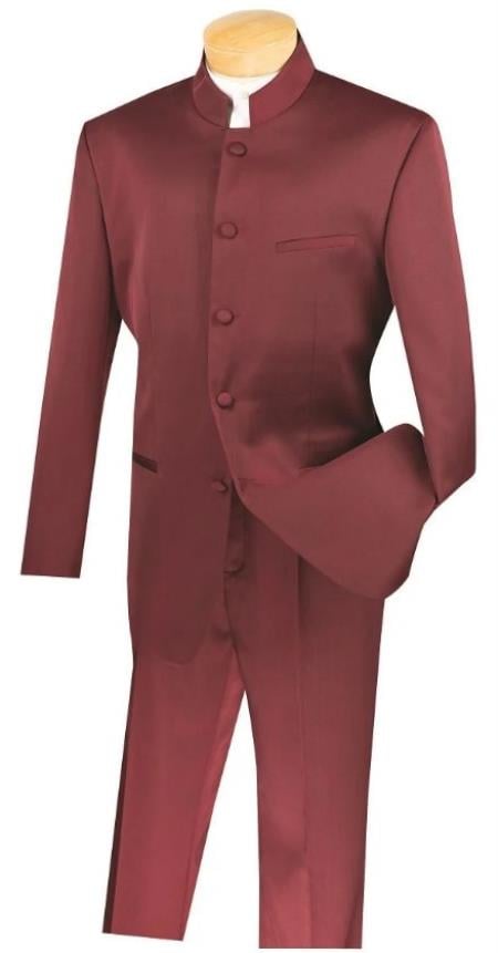 Mandarin Collar Tuxedo - Mandarin Tuxedo - No Collar Suit - Burgundy Suit