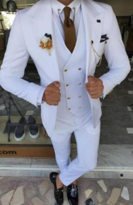 White and Gold Suit - Vested Suit - Double Breasted Vest Gold Button