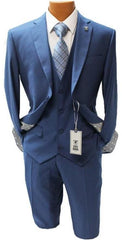 Stacy Adams Suit Mens 3 Piece Suit Mens Indigo Blue Vested Modern Fit