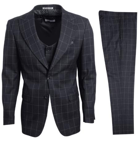 Stacy Adams Mens Gray Windowpane Suit 3 Piece