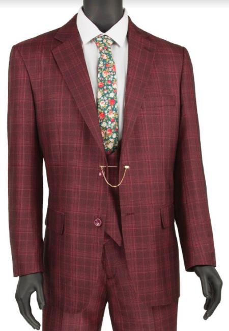 Burgundy Plaid Suits - Maroon Windowpane Suits