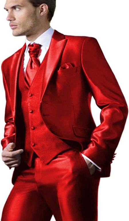 Shiny Suit - Prom Suit - Vested Sateen Flashy Suit - Red