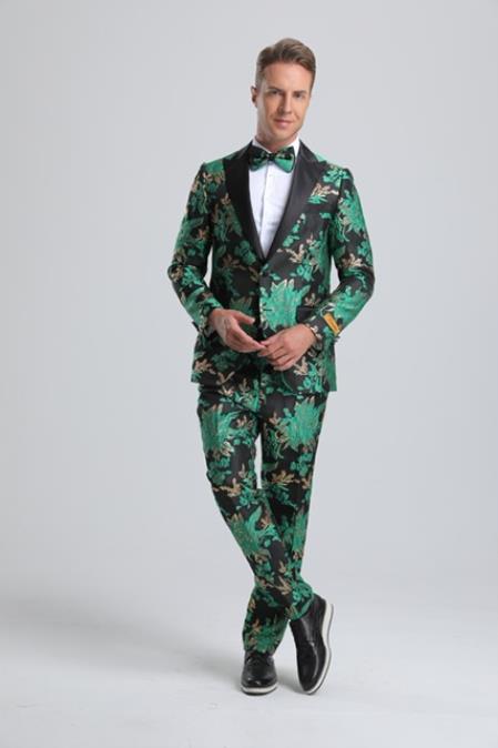 Paisley Suits - Wedding Tuxedo - Groom Green ~ Black Suit + Matching Bowtie