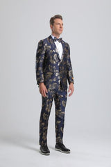 Paisley Suits - Wedding Tuxedo - Groom Gold ~ Navy Blue Suit + Matching Bowtie