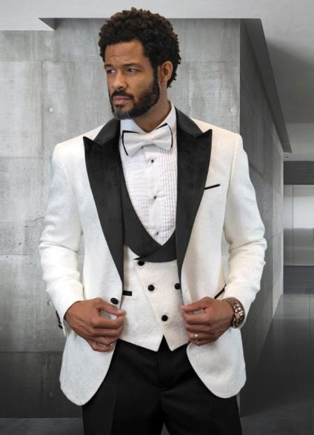 White and Black Tuxedo Vested Suit - Wedding Tuxedo