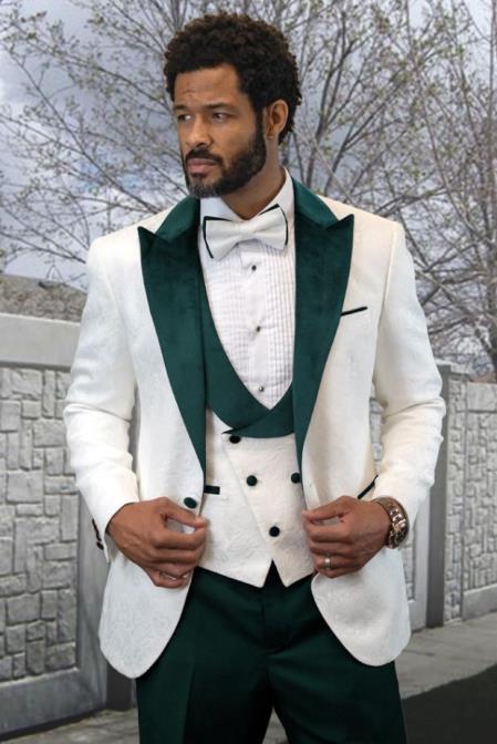 White and Hunter Green Tuxedo Vested Suit - Wedding Tuxedo