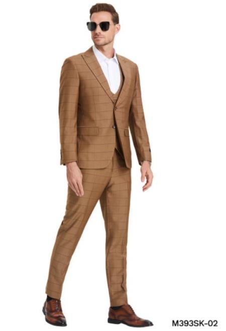 Slim Suits - Windowpane Suit - Vested Plaid Suit - Brown